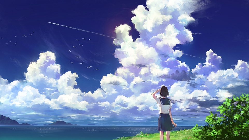 海邊 女子 水手服 背影 天空 白雲 動漫風景壁紙壁紙