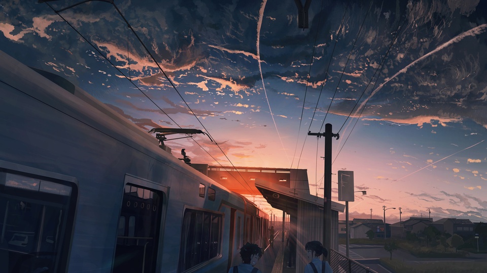 天空 夕陽 電車 女孩男孩 動漫人物風景壁紙壁紙