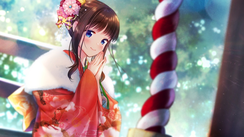 2019 女孩子 新年 紅色 和服 4k動漫壁紙壁紙