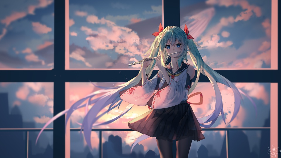 初音未來 黑褲襪 笛子 4k動漫壁紙壁紙
