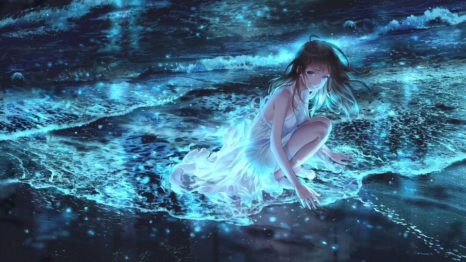 少女 海邊 海灘 動漫卡通壁紙