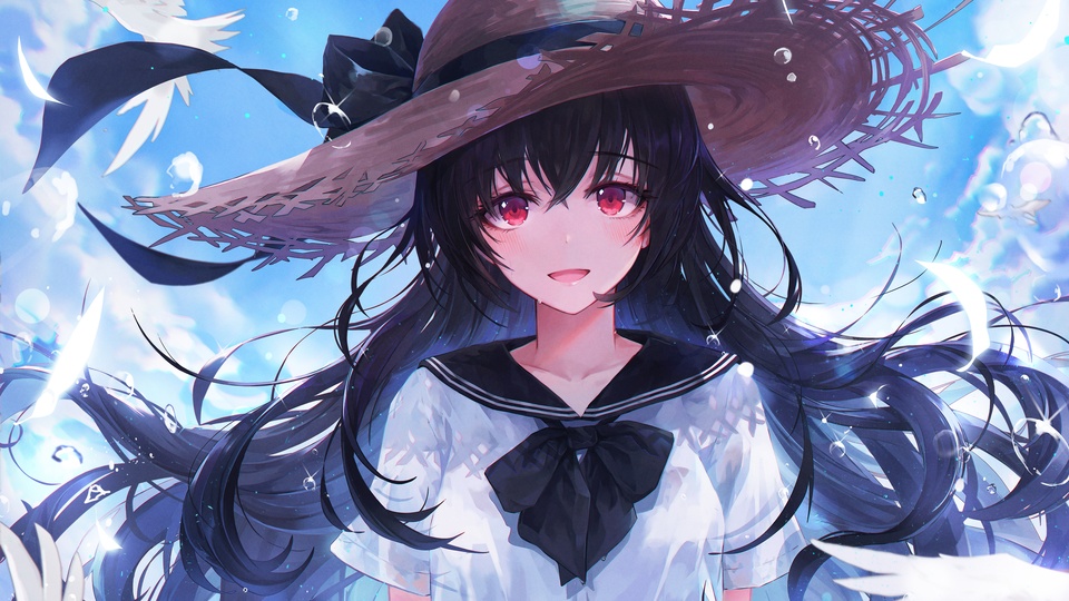 女孩子 水手服 學校 絲帶 草帽 藍天 美少女4k動漫壁紙壁紙