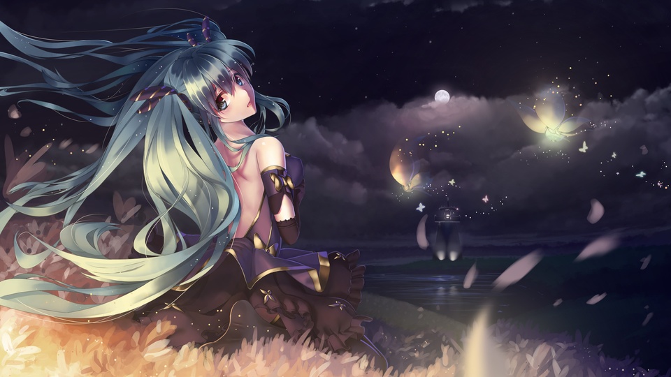 天空 女孩 星星 雲彩 夜晚 月亮 燈塔 動漫 藝術 初音未來4K壁紙壁紙