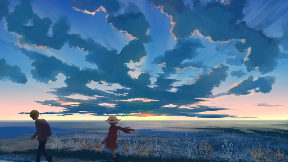 天空 雲 日落 女孩 帽子 男孩壁紙