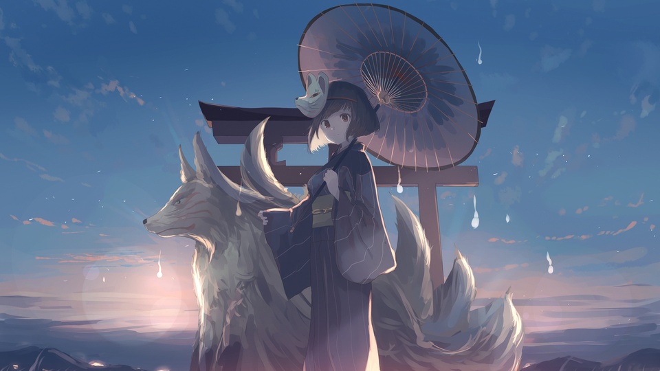 天空 和服女孩 面具 傘 神獸 桌面壁紙壁紙