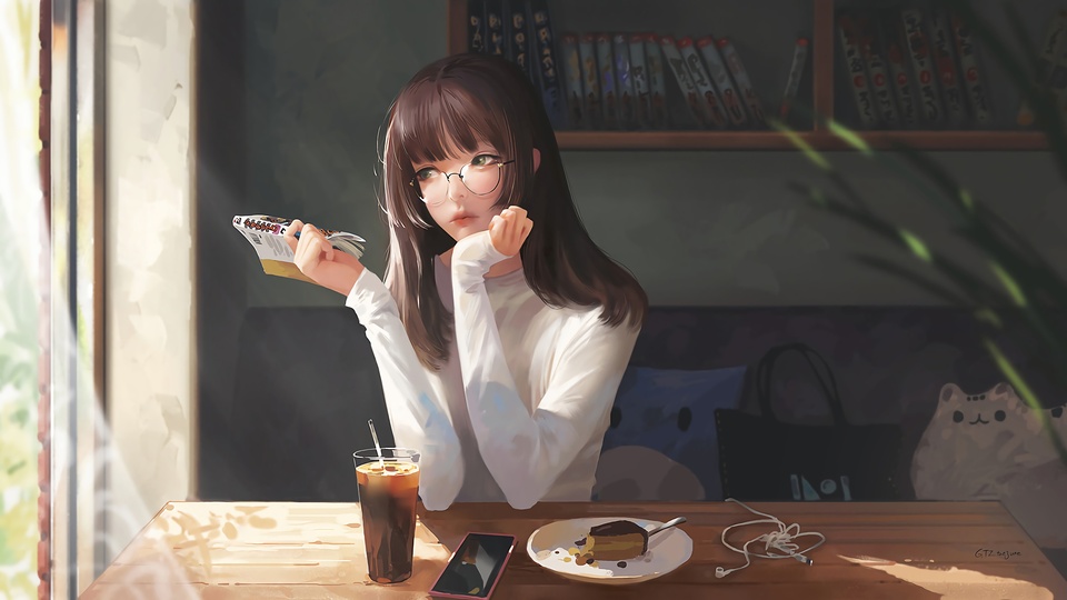 女孩子 咖啡館 書 甜點 4k動漫壁紙壁紙