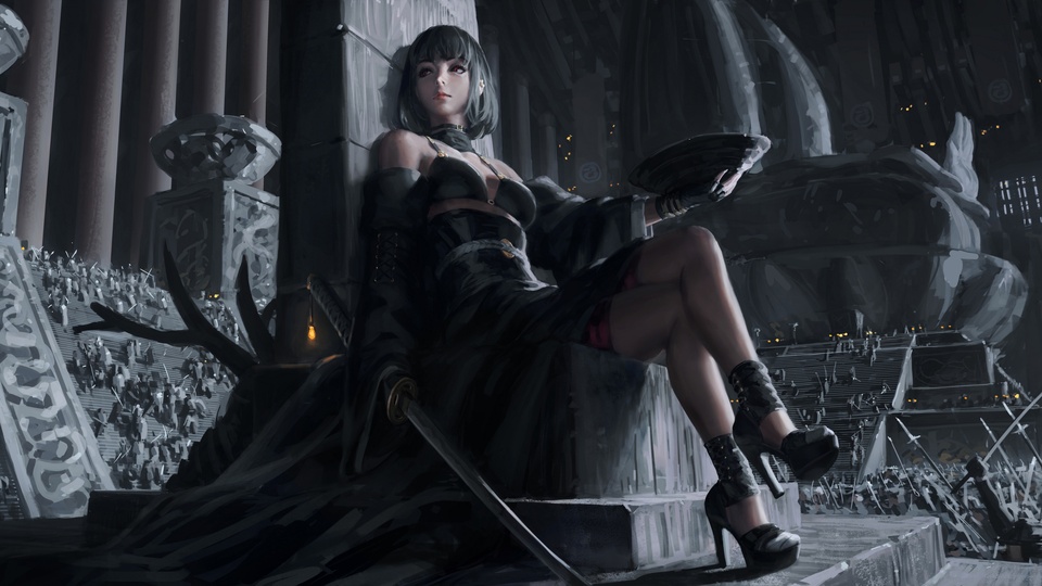 女孩 吊帶裙 高跟鞋 戰士 武士刀 寶座 士兵 幻想藝術繪畫4k動漫壁紙壁紙