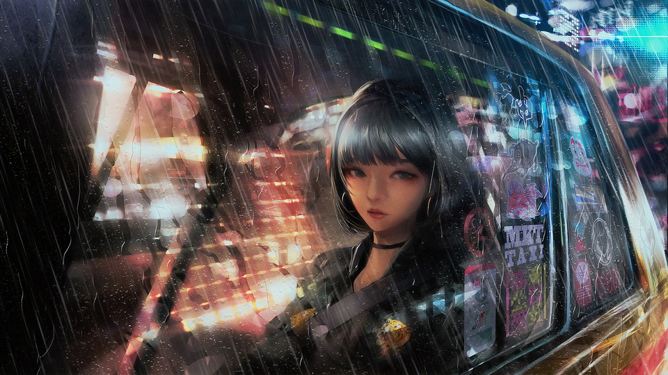 出租車 裡的動漫女郎 下雨 4k動漫壁紙壁紙