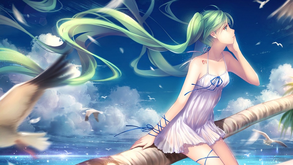 漂亮的女孩 小裙子 初音未來 VOCALOID 海鷗 大海 天空 好看動漫壁紙壁紙