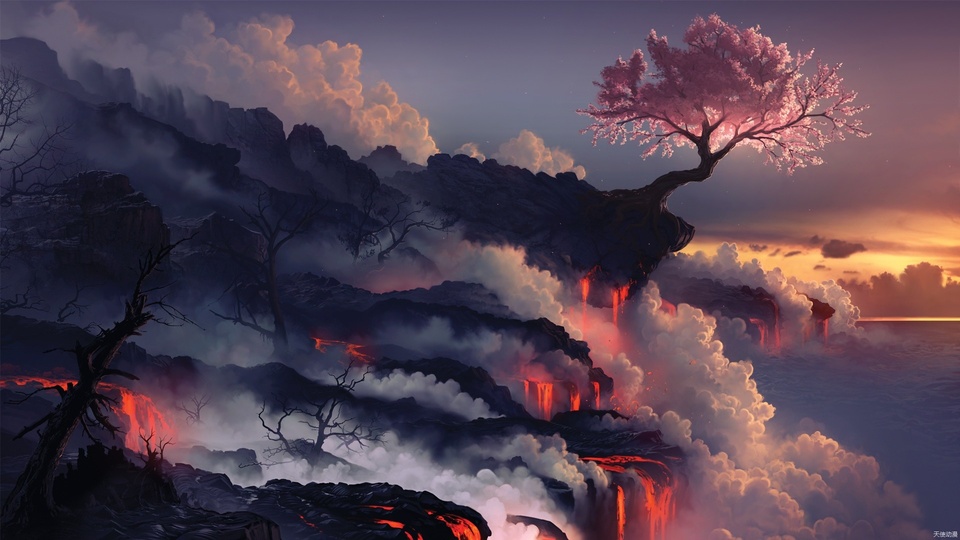 動漫 櫻花 火山 唯美壁紙
