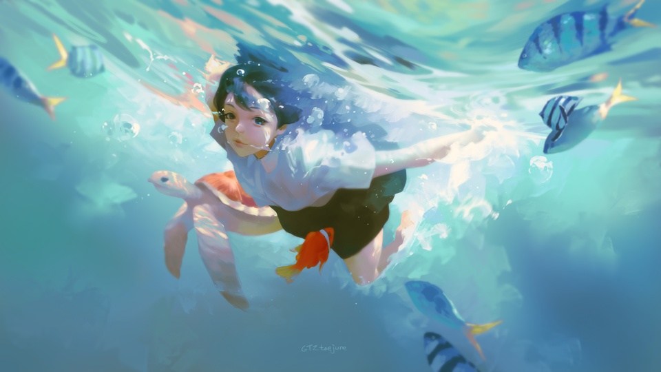 藍色海水 水下女孩 海龜 魚 唯美 意境 4k動漫壁紙壁紙