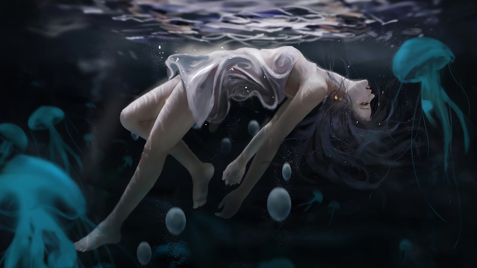 女子 水下 海底 海母 唯美藝術插畫 4k動漫壁紙壁紙